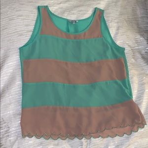 Teal / tan brown stripe shirt with scallop detail